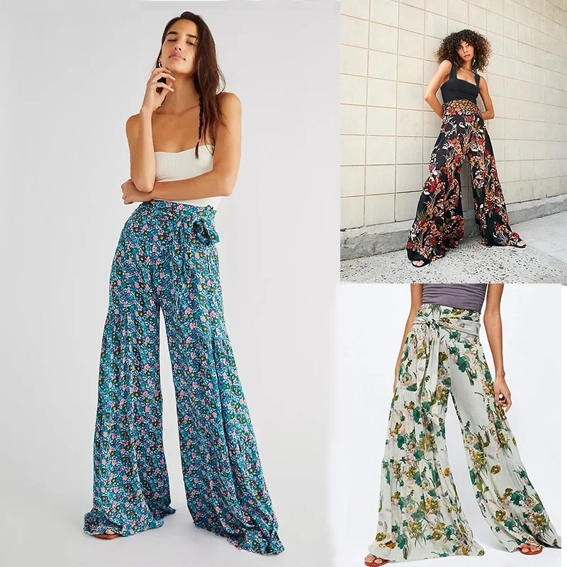  new Women's High Waist Digital Print Fashion Oversized Wide Leg Pants Loose Y2k Trousers Beach Sports Pants Strap Pants