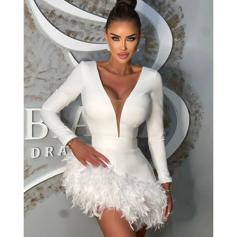 Spring 2024 Independent Station Hot Sale Long Sleeve V-neck Fire Pieces Feather Bevel Bandage One-Piece Dress