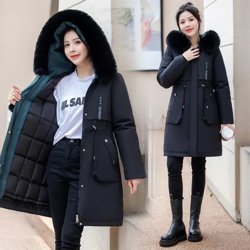 

2023 New Winter Jacket Women Parka Fashion Long Coat Cotton Liner Hooded Jackets With Fur Collar Warm Distachable Puffer Parkas