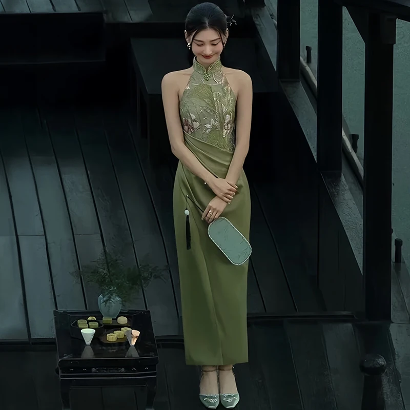 

Новое свадебное платье в китайском стиле: зеленый утренний халат, дизайнерская новинка, с завязками на шее, для фотосессий в студии и на природе, ципао для невесты