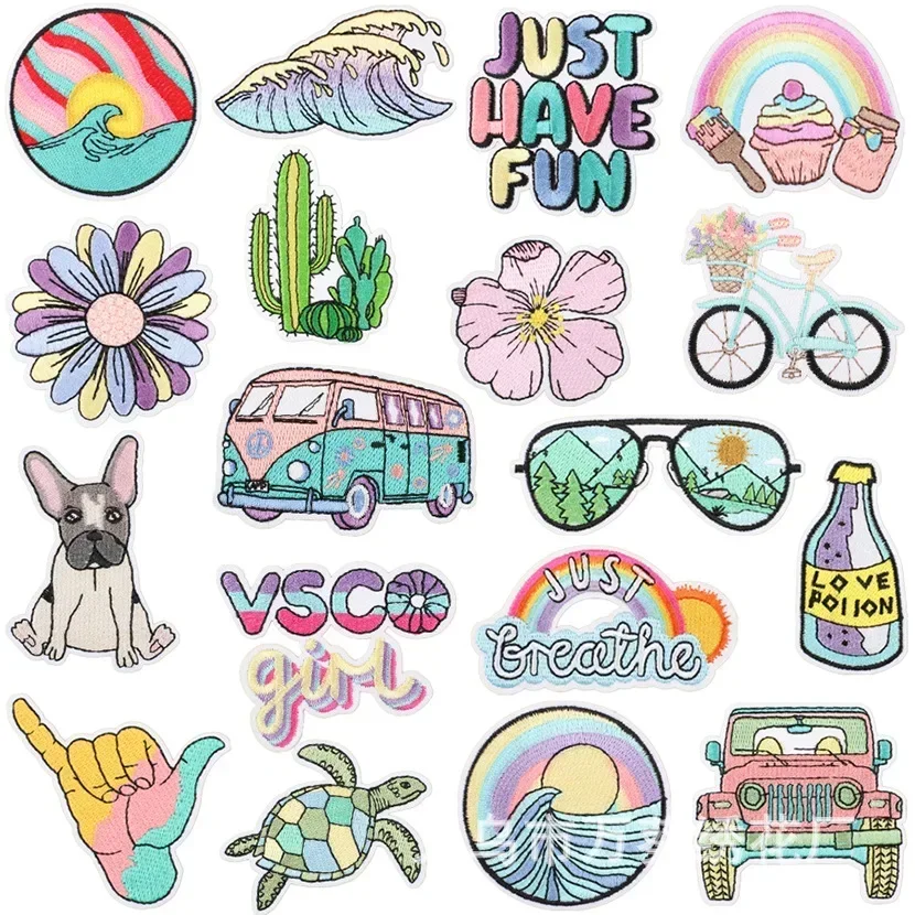 Summer Series Wave Embroidery Cloth Sticker Rainbow Cactus Computer Embroidery Label Cartoon Bus Patch Wholesale Embroidery