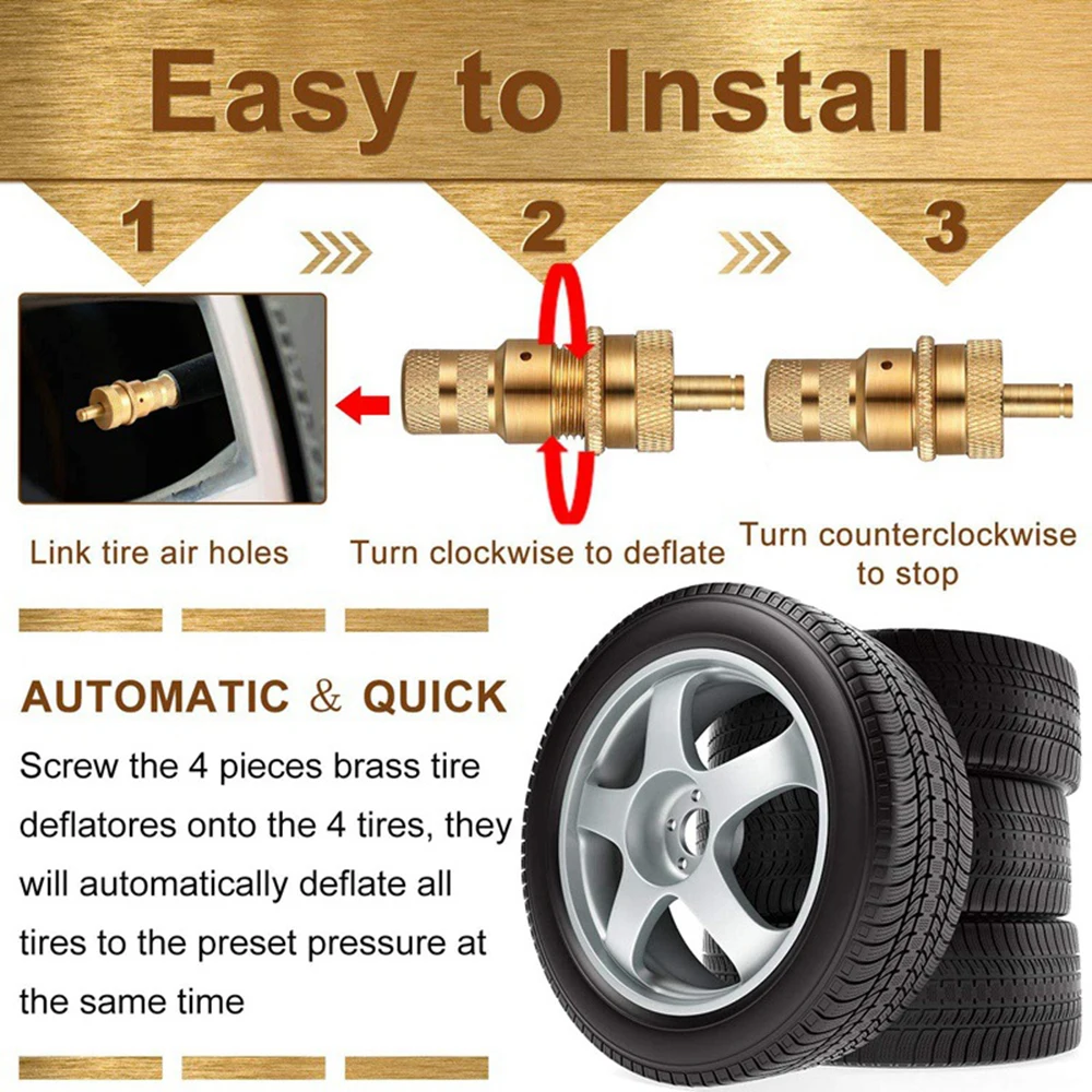 1/4Pcs Universal Offroad Brass Tire Deflators Kit Automatic 6-30psi Tyre Tire Pressure Relief Valve Deflators Bleeder Valve Caps