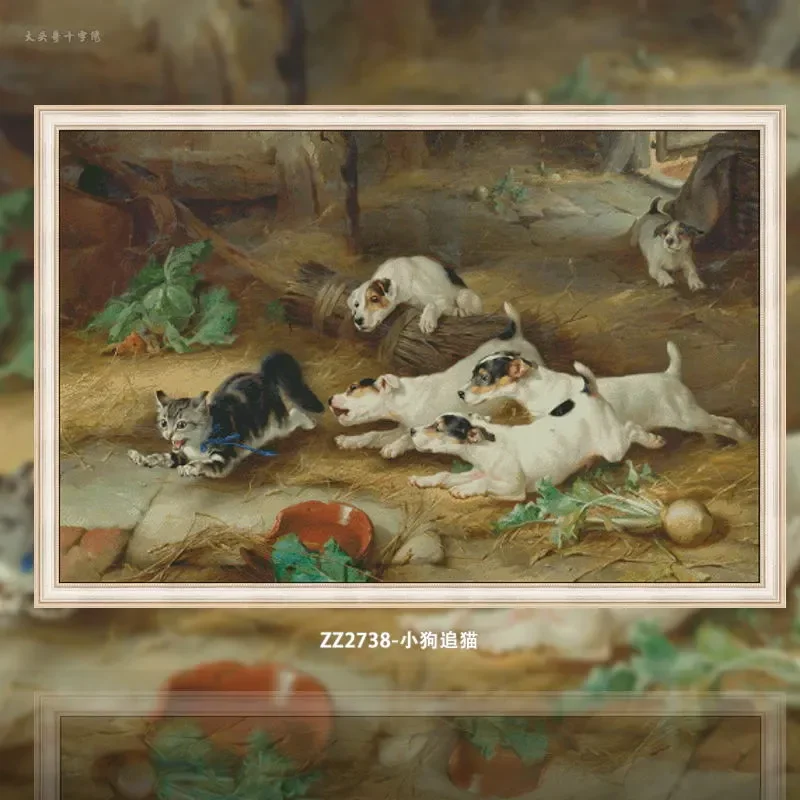 [ZZ2738-Puppy chasing cat] Stamped Cross Stitch Kit 14CT 16CT Pre Printed Canvas Cotton Threads Embroidery Needlework Wall Decor