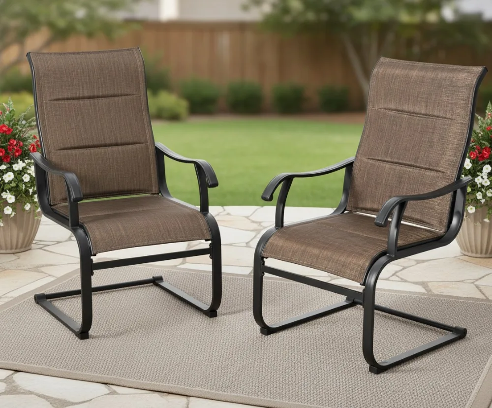 Esszimmerstühle für die Außenterrasse, 2er-Set, gepolstertes Allwetter-Textilene, Federbewegung mit hoher Rückenlehne für Hinterhof, Rasen, Deck in Braun