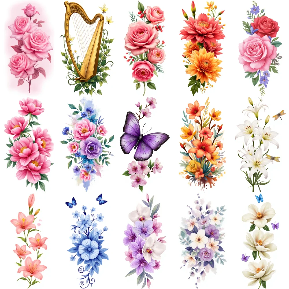 9pcs Temporary Tattoo Lilies Sticker Colorful Flower Bouquet Stickers Harp Sticker Waterproof Long-lasting Body Stickers For
