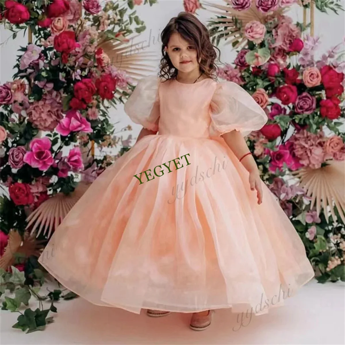 Cute Pink Puffy Sleeves Flower Girls Dresses For Wedding 2023 Princess O-Neck Ball Gown Kid Birthday Party First Communion Gowns