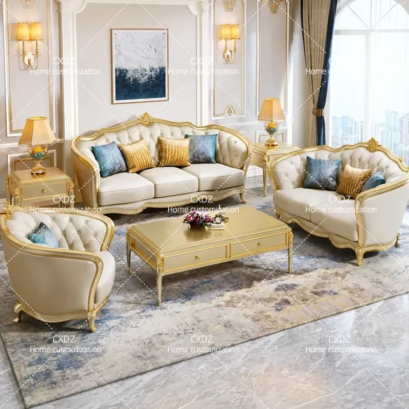 American light luxury leather sofa 123 combination, living room fully equipped with European solid wood sofa villa French