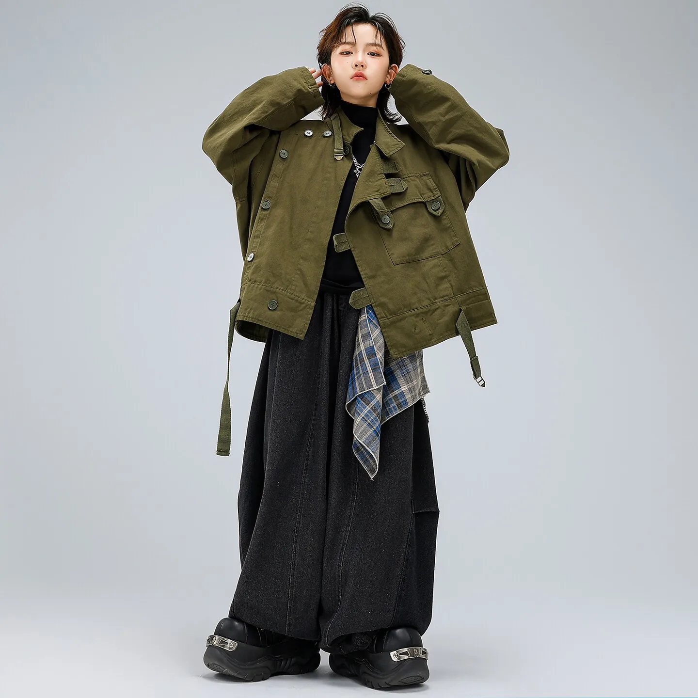 Kid Kpop Hip Hop Clothing Army Green Strap Cargo Jacket Top Black Mock Neck T Shirt for Girl Boy Street Dance Costumes Clothes view 3