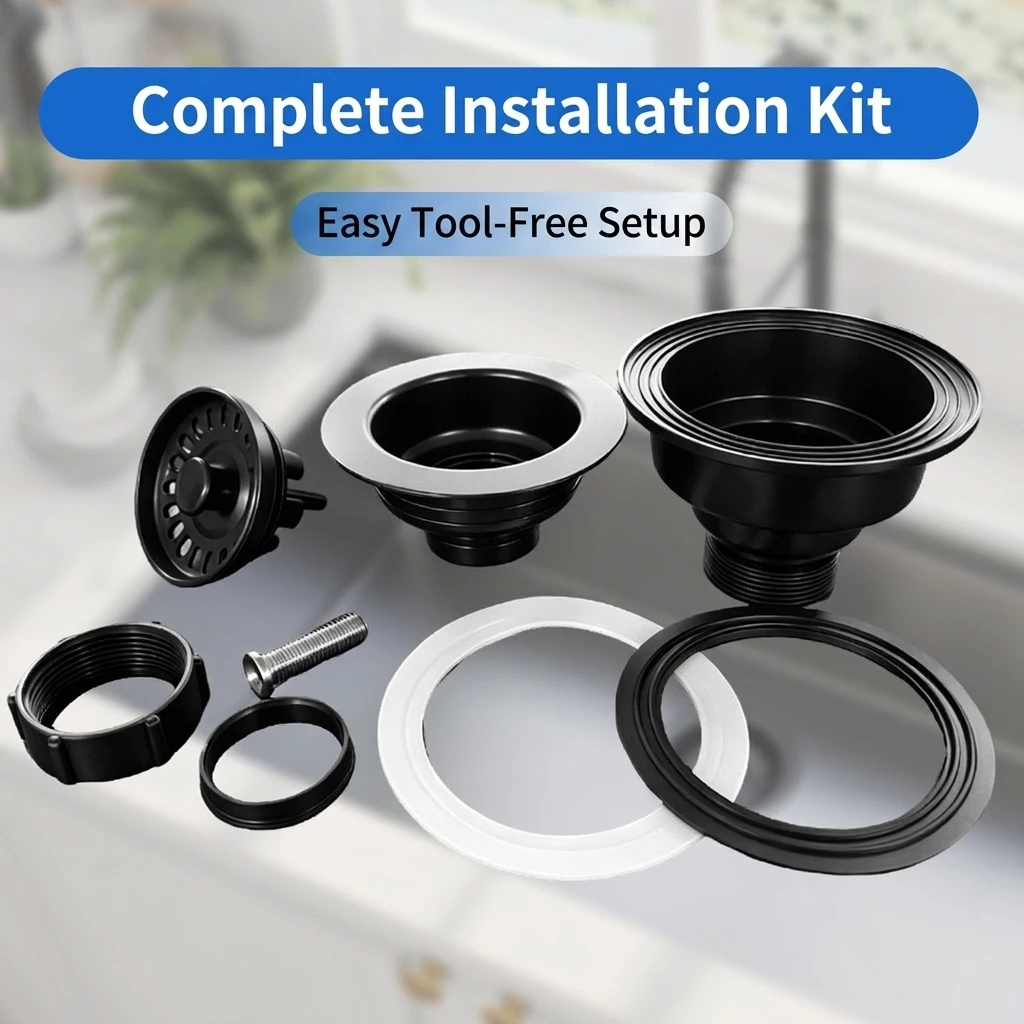 YGTITAN 114mm Kitchen Sink Drain Strainer, Quartz Sink Stopper with Anti-Clog & Double Seal, White & Black, Pull-Out