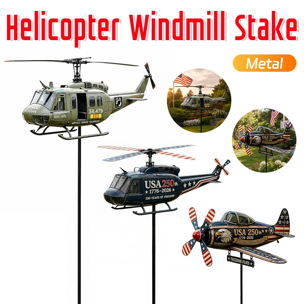 Outdoor Patriotic Airplane Sculptures Ornaments Metal Helicopter Windmill Stake with Spinning Propeller for Patio Garden Decor
