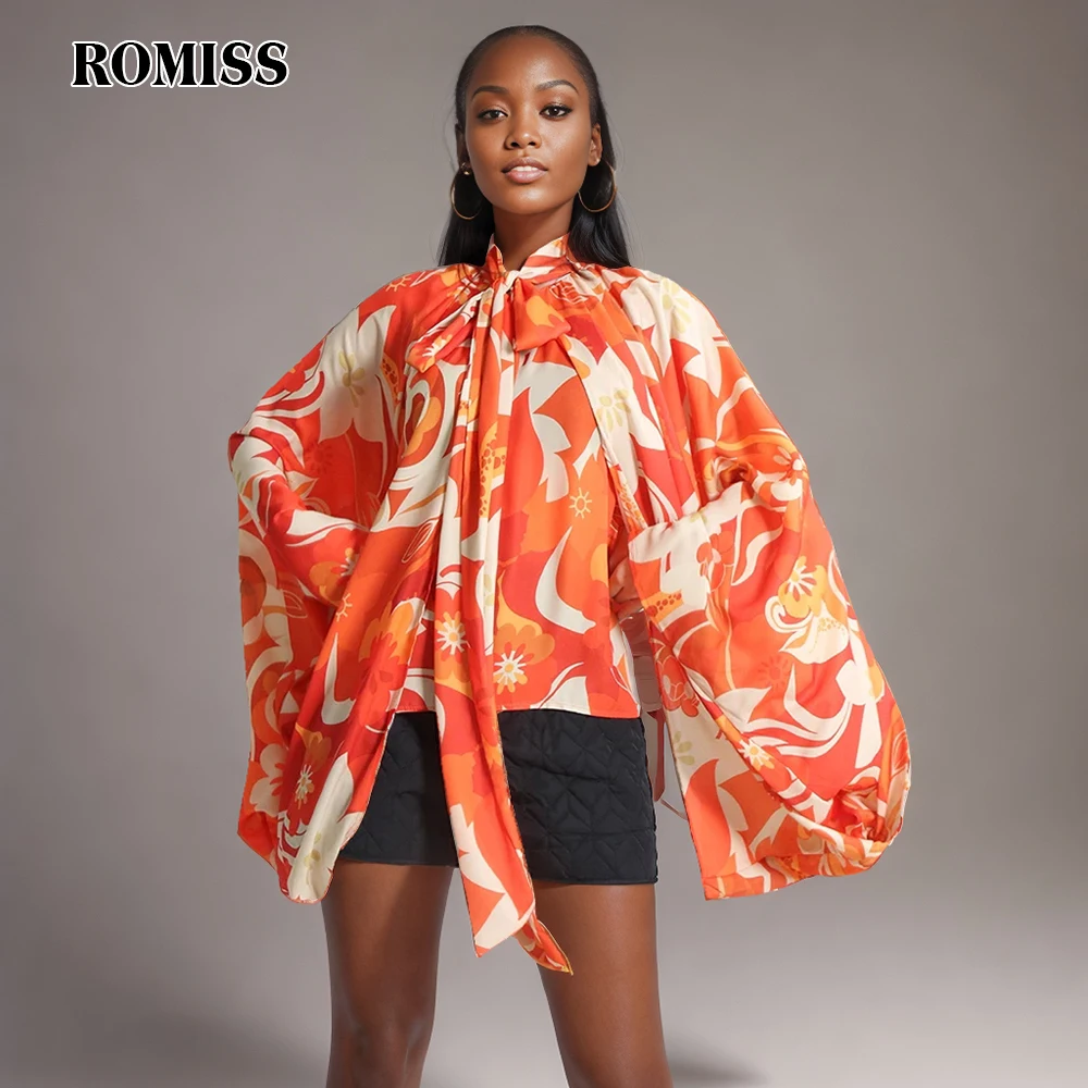 

ROMISS Casual Print Shirt For Women Bowknot Collar Batwing Long Sleeve Colorblock Loose Blouses Female Clothing New 2024