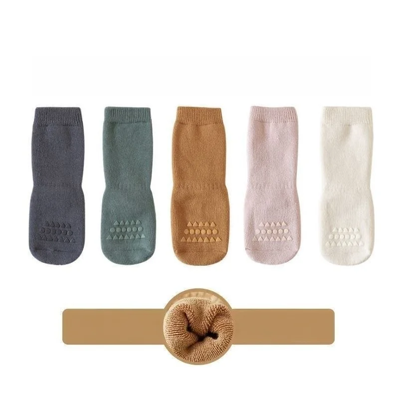 0-3Y Toddler Floor Socks Thick Fleece Non-Slip Baby Boys Girls Pure Color Warm Non-Slip  Baby Walking Socks