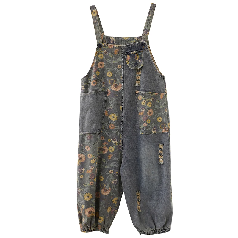 Macacão jeans casual grande solto feminino, macacão com estampa floral, jardineira de perna larga, alças calças largas, primavera, outono