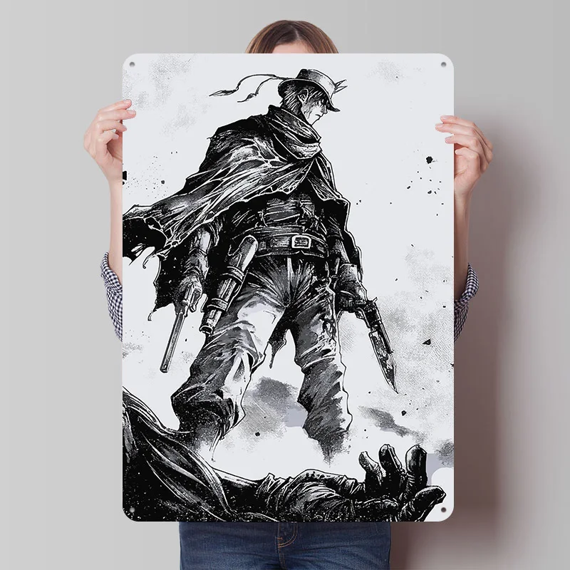 Cowboy With Guns and Knife Metal Poster Custom Wall Art Retro Vintage Tinplate Signs for Man Cave Office Decoration Gaming House