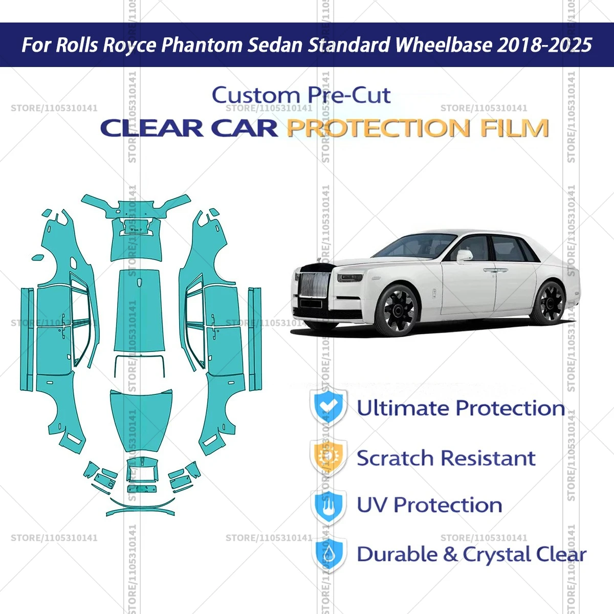 

Защитная пленка PPF для Rolls-Royce Phantom Sedan (стандартная колесная база, 2018-2025), предварительно вырезанная, прозрачная, автомобильная пленка PPF