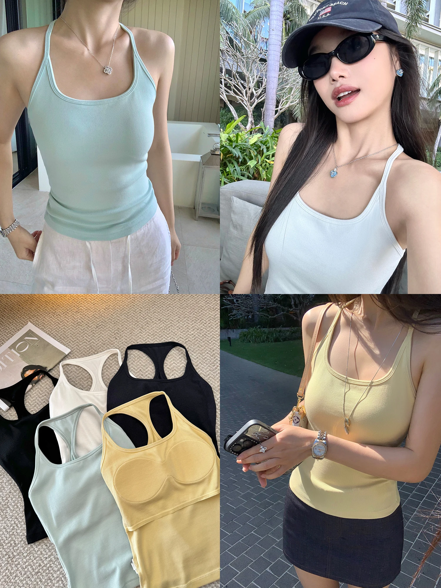 

Pusumede Summer Water Light Strap Vest Women's Slim Fit Sleeveless Top with Chest Pad Work Letter U Neck Cotton Polyester Blend