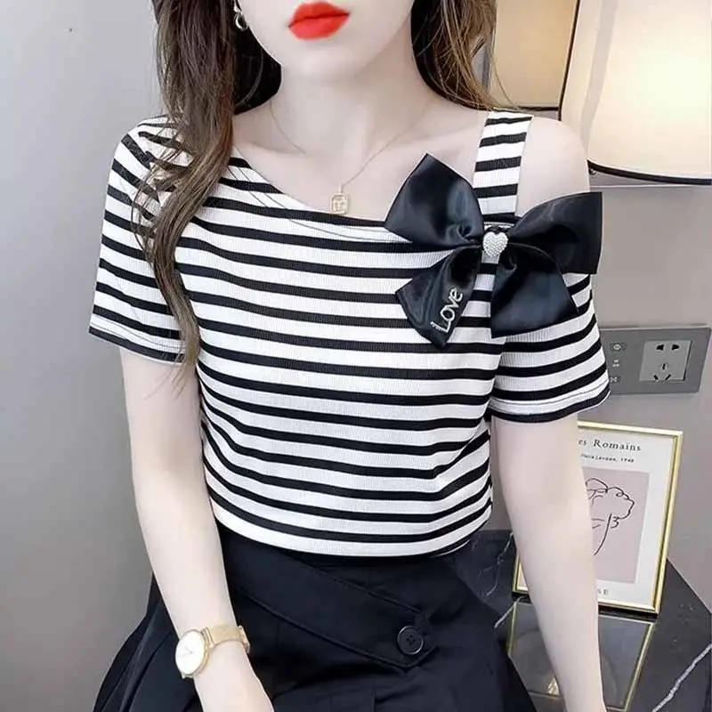 

Women's Striped Short Sleeve T-Shirt, Korean Style, Slim, All-Match Tops, Casual, Simplicity, Office Lady, Summer Clothes