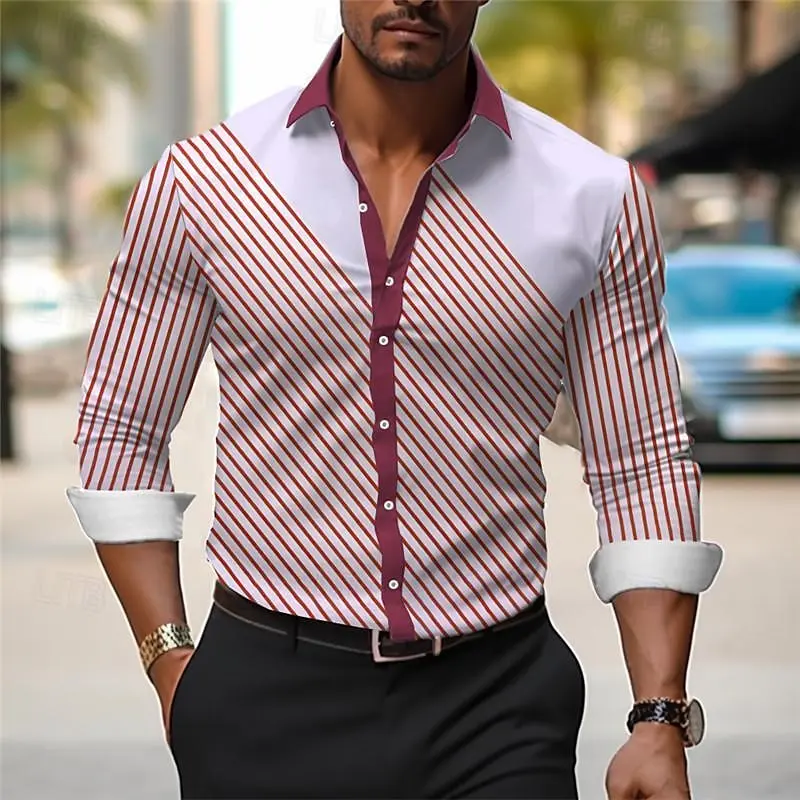 Striped men\'s business casual comfortable shirt for daily work wear spring and summer long-sleeved tops with fashionable button