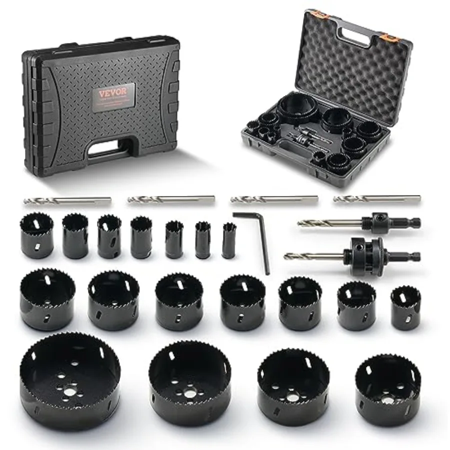 

Hole Saw Kit 18 PCS Saw Blades 6 Drill Bits 1 Hex Wrench General Purpose Size from 3/4" to 4-1/2" Bi Metal M42 Hole Saw Set wit
