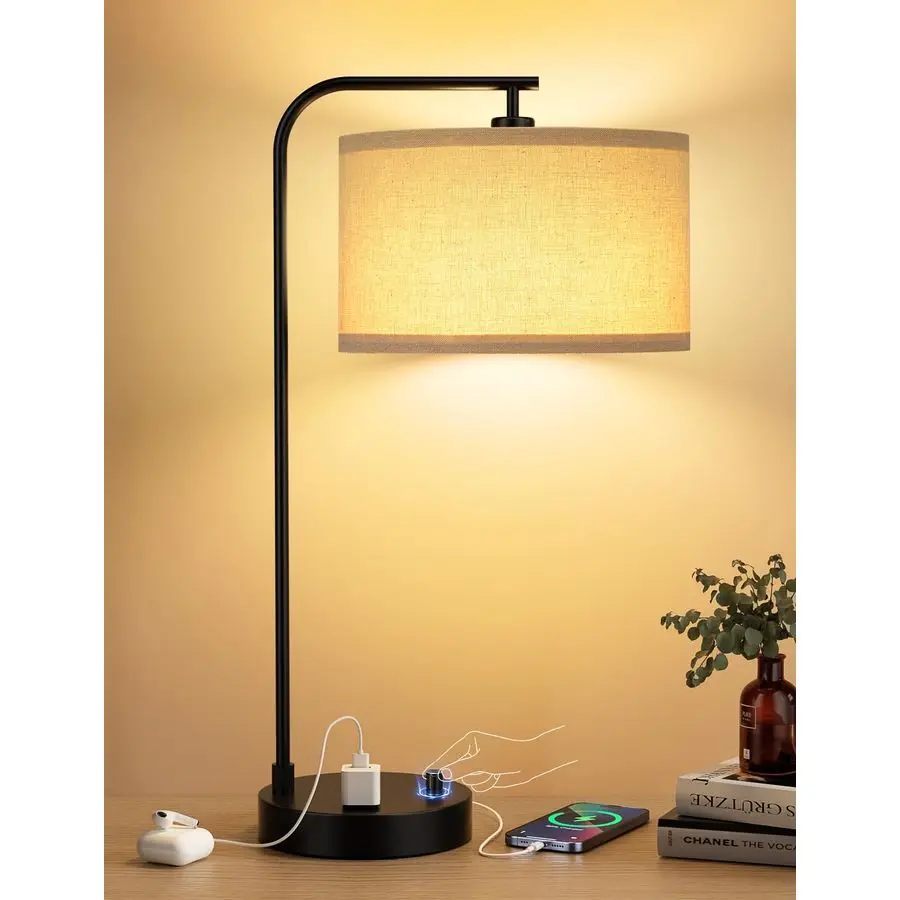 

Высокая настольная лампа с USB-портом и розеткой, прикроватная лампа с регулируемой яркостью и льняным абажуром, настольная лампа для спальни, гостиной