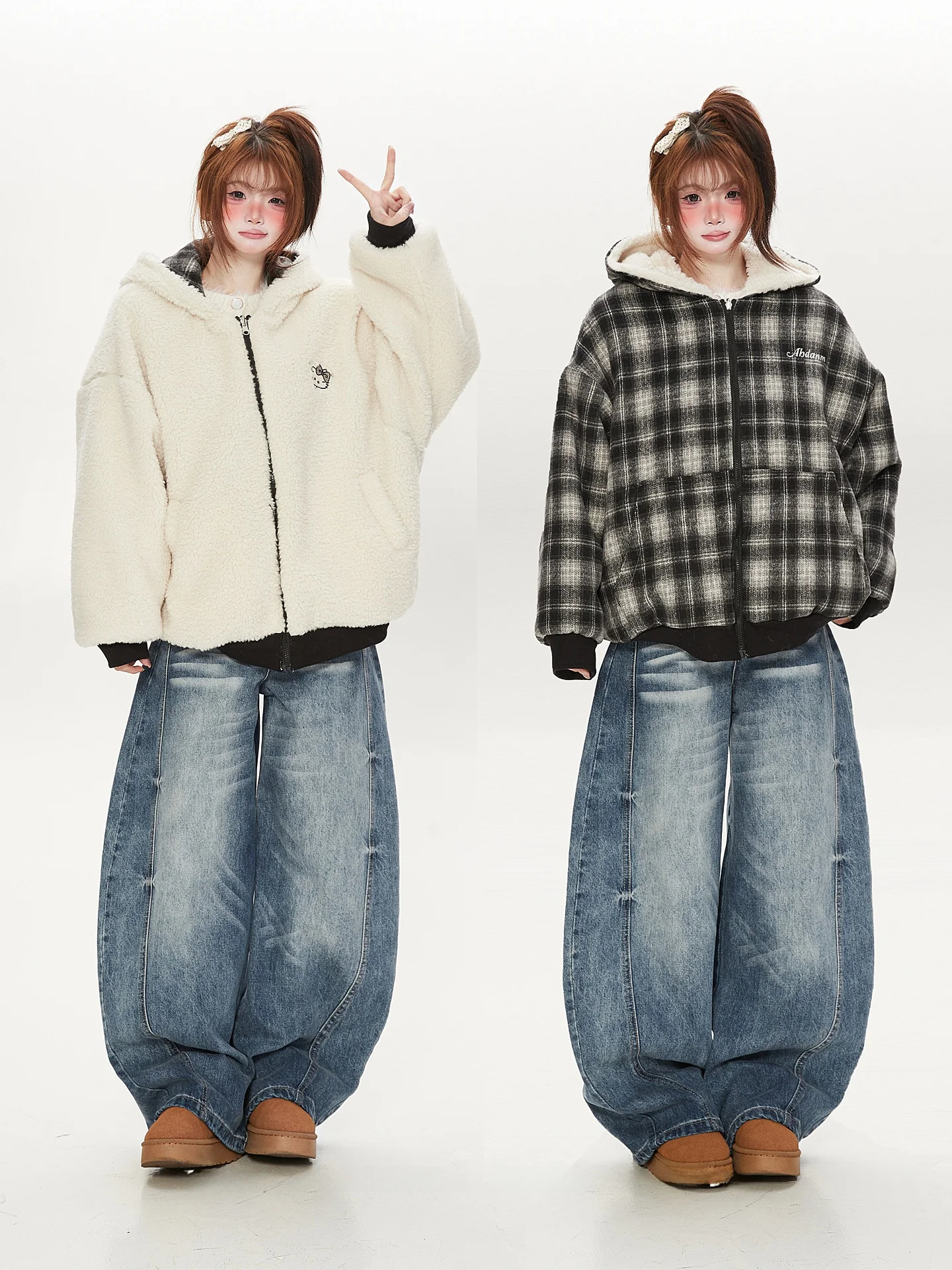 

Thiened Plaid Double-Sided Wear Women's Jaet Lamb Fur Cotton Coat Trendy Commute Sle Embroidered Long Sve Zipper Clo...