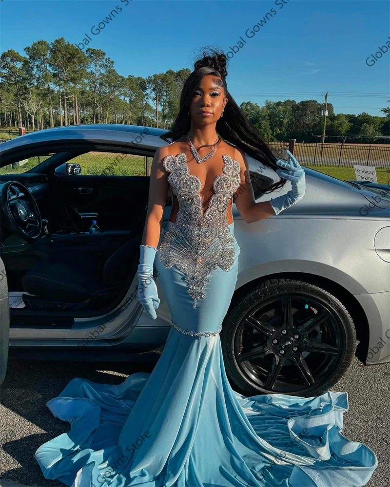 Sky Blue O Neck Long Prom Dress For Black Girls 2024 Beaded Crystal Birthday Party Dresses Diamond Evening Gown With Gloves Robe