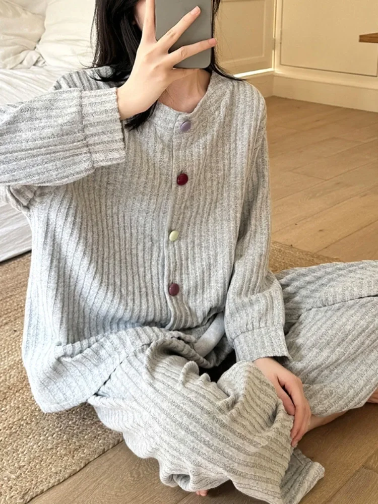 Bottone monopetto addensato Conjuntos caldi Set da 2 pezzi a righe larghe casual da donna Set di pantaloni a vita alta alla moda