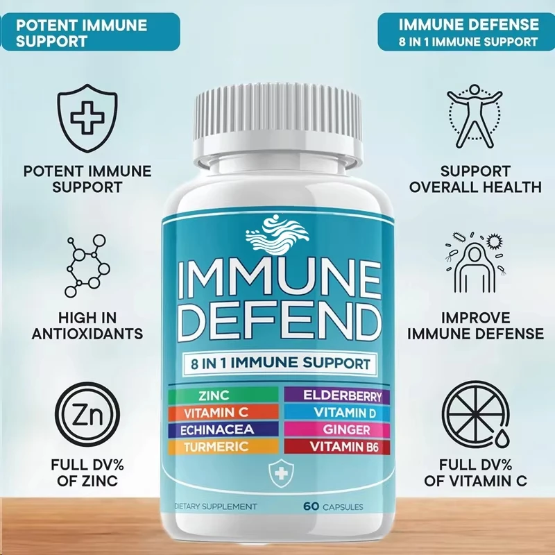 

8-in-1 Immune Defense Support Containing 50 Milligrams of Zinc, Vitamin C D3, Elderberry, Curcumin and Ginger, and Echinacea