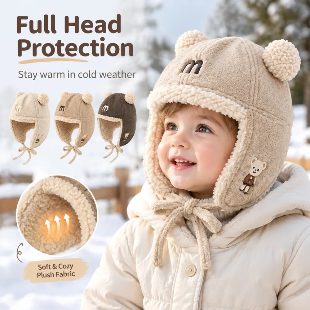 Baby  Trapper Hat With Earflap Cute Letter Print Wind Hood Autumn Winter Warm Ear Protection Cap For Boys Girls