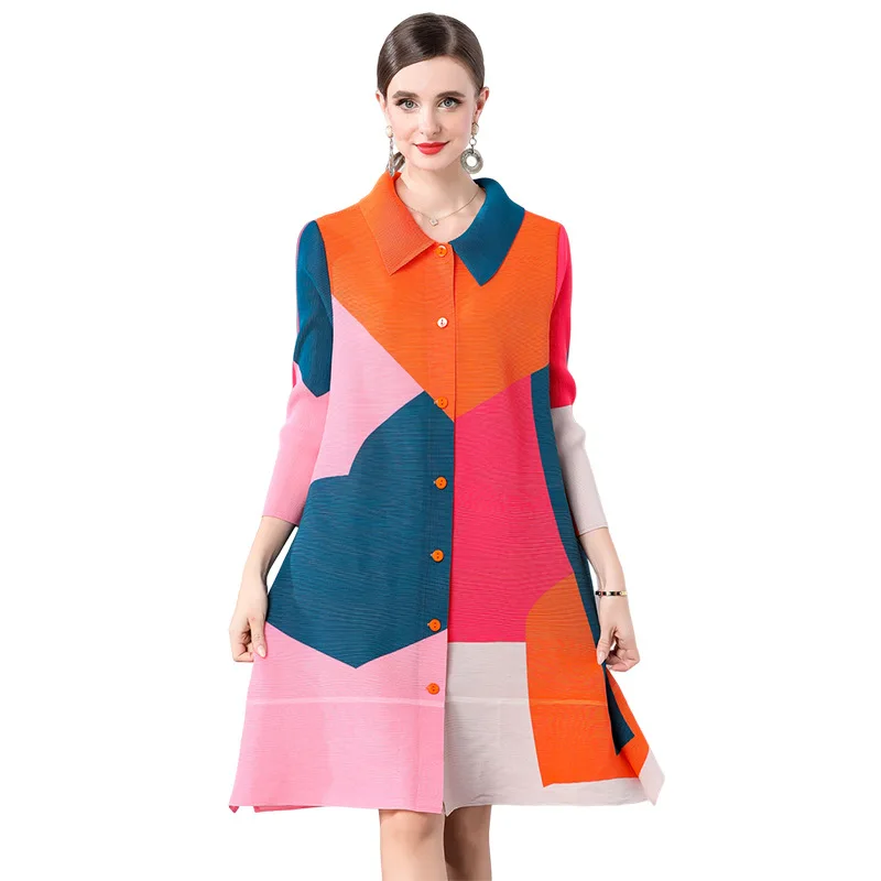 Sukienka Miyake z kontrastowym nadrukiem, plisowana, damska, wiosenno-letnia, luźna, tuszująca brzuch, cienka koszulowa spódnica.