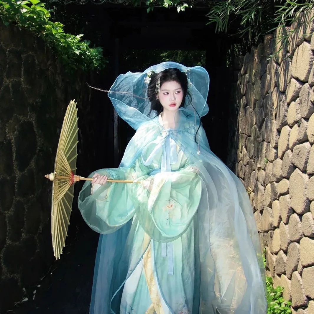 2025 Day Chang Qing Cold Wind Han Clothing Warring States Robe Recovery Tail Printing Flowing Improved Straight Dress Full Set