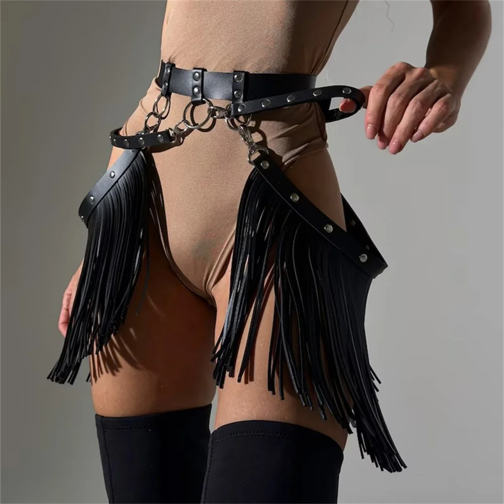 Tassels Leather Cage Skirt  With Fringe Body Fetish Sexy Harness Women  Bondage Party Suspender Belt Goth Christmas Accessories