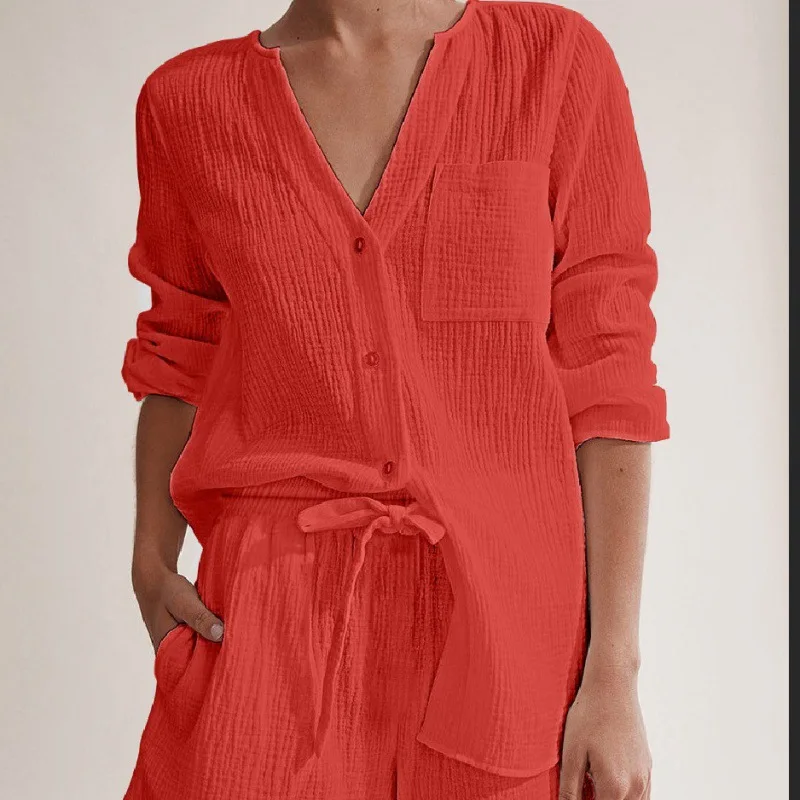 Chemise boutonnée à manches longues et col en V pour femmes, vêtements de nuit, short, coton double couche, vêtements de maison, mode, été, ensemble 2 pièces