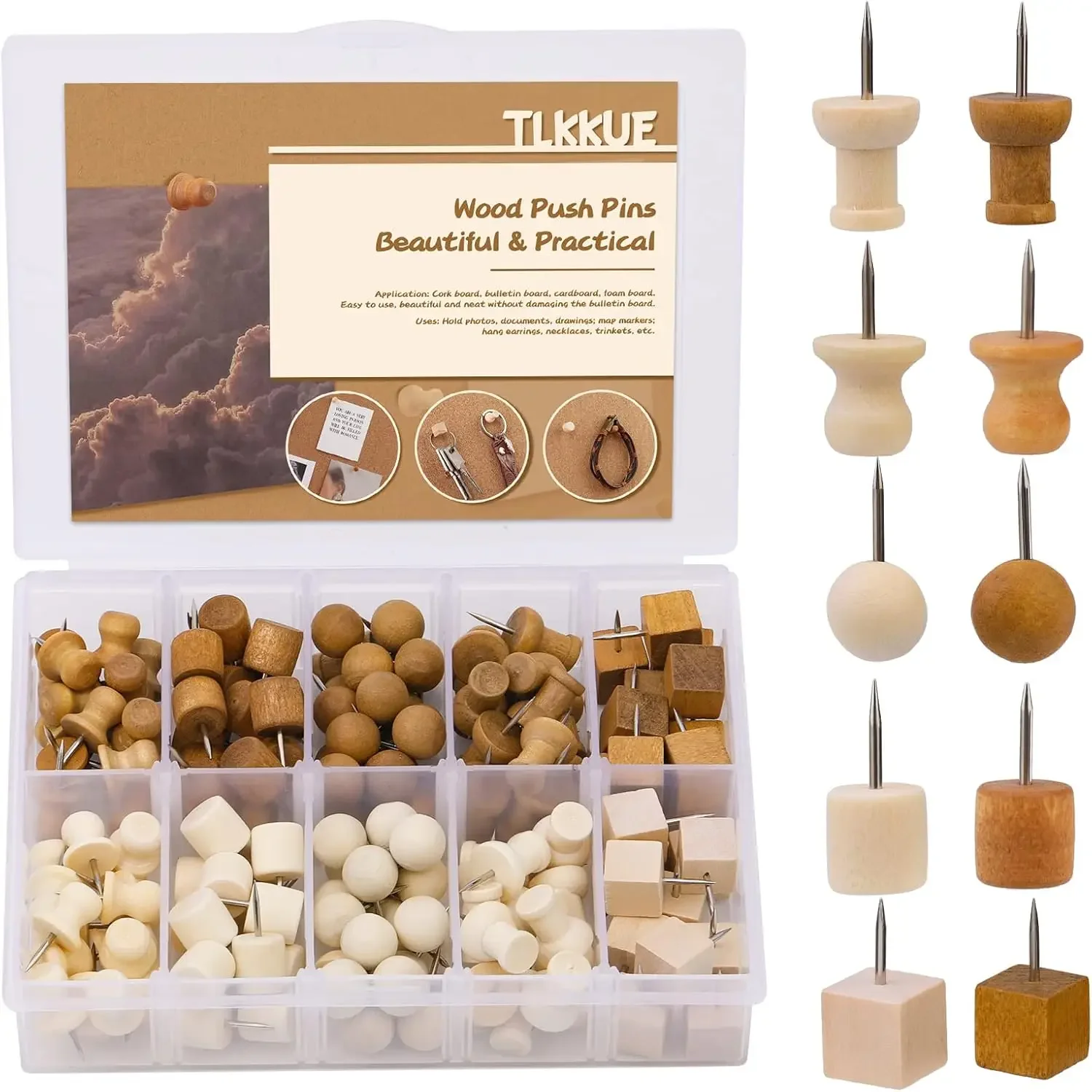 

140 Pcs Wooden Push Pins, 5 Styles Decorative Thumb Tacks For Cork Board, Photos, Office, Home, Craft Projects
