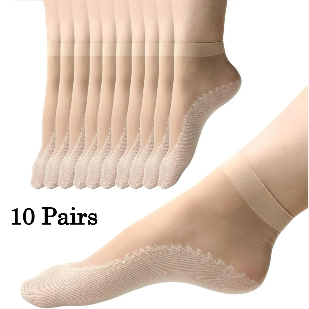 10 pares de calcetines de nailon para mujer, calcetines finos hasta el tobillo antideslizantes con suela y puntera reforzadas