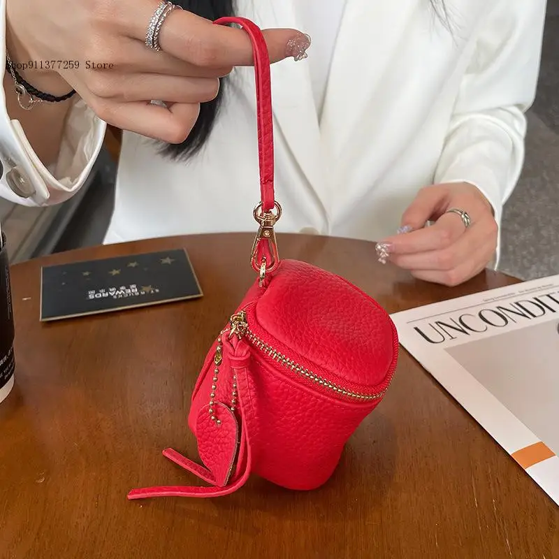 Fashion Mini Makeup Bag Women\'s Genuine Leather Coin Bag Key Bag Earphone Mouth Red Bag