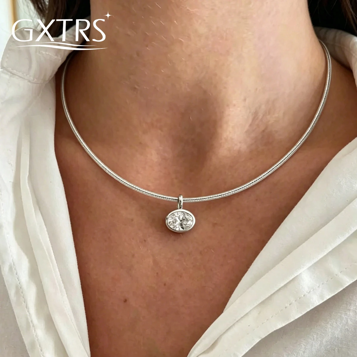 GXTRS 2/3/4CT Oval Moissanite Choker Necklaces Women's S925 Silver Elegant Lab Diamond Bezel Set Pendant Neck Chain Fine Jewelry