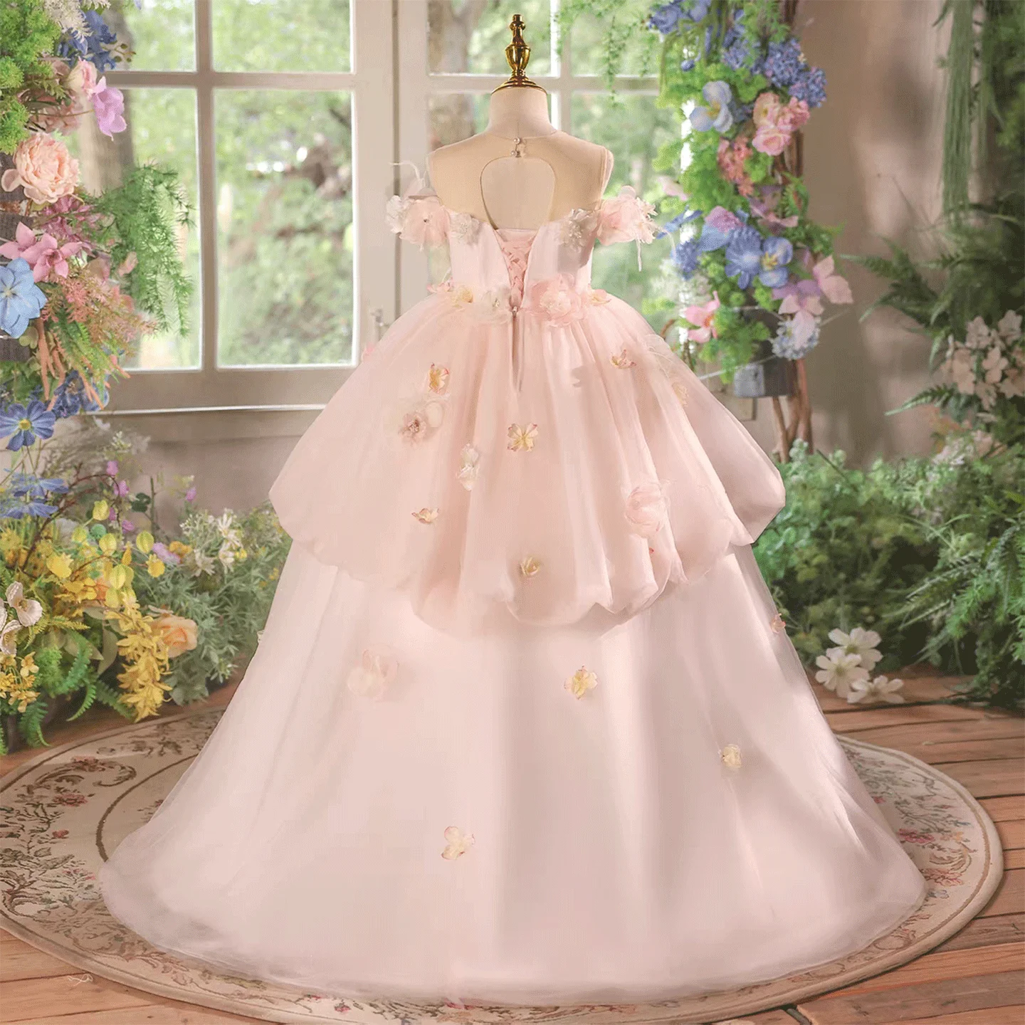 Jill Wish J614 Luxury Princess Flower Girl Dress Pink Tulle Ball Gown with 3D Floral Appliques Off Shoulder Wedding Party