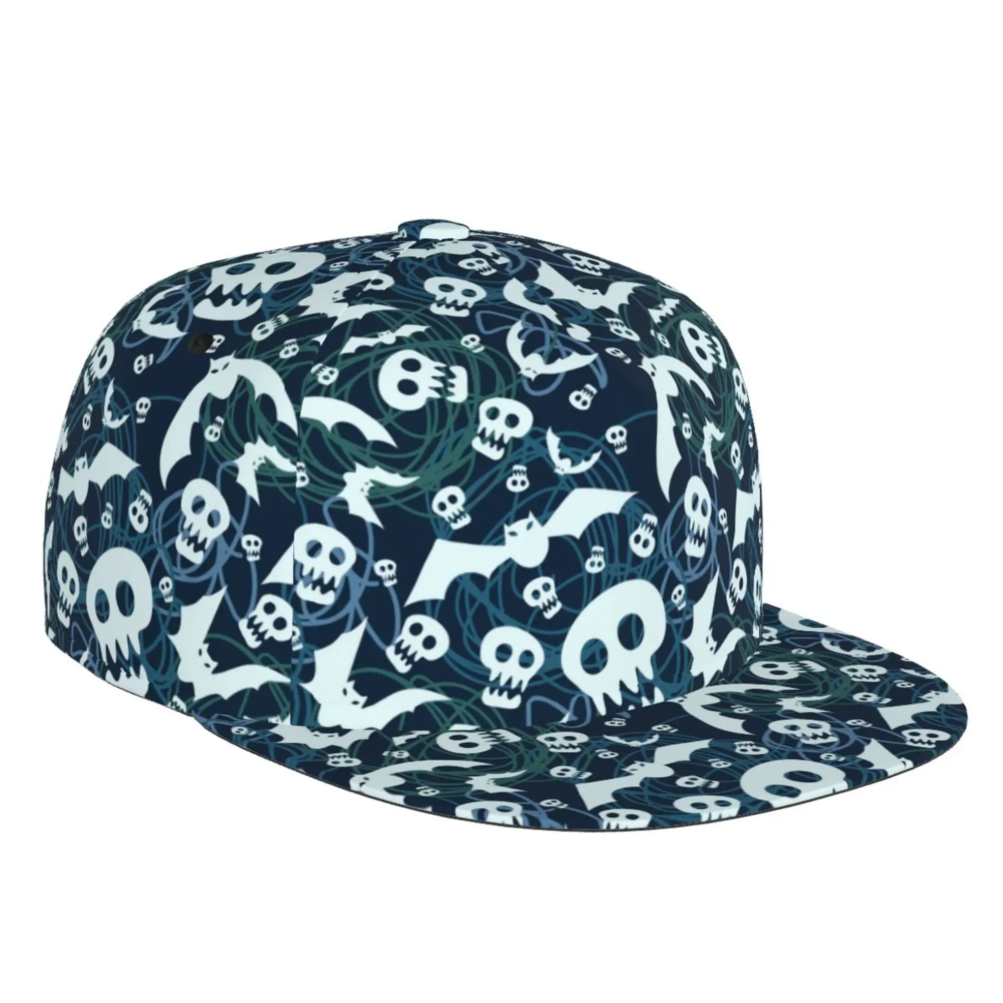 Skulls and Bats Navy Flat Baseball Cap Snapback Hat Hip Hop Rapper Women Men Adult Teens Adjustable Print One Size