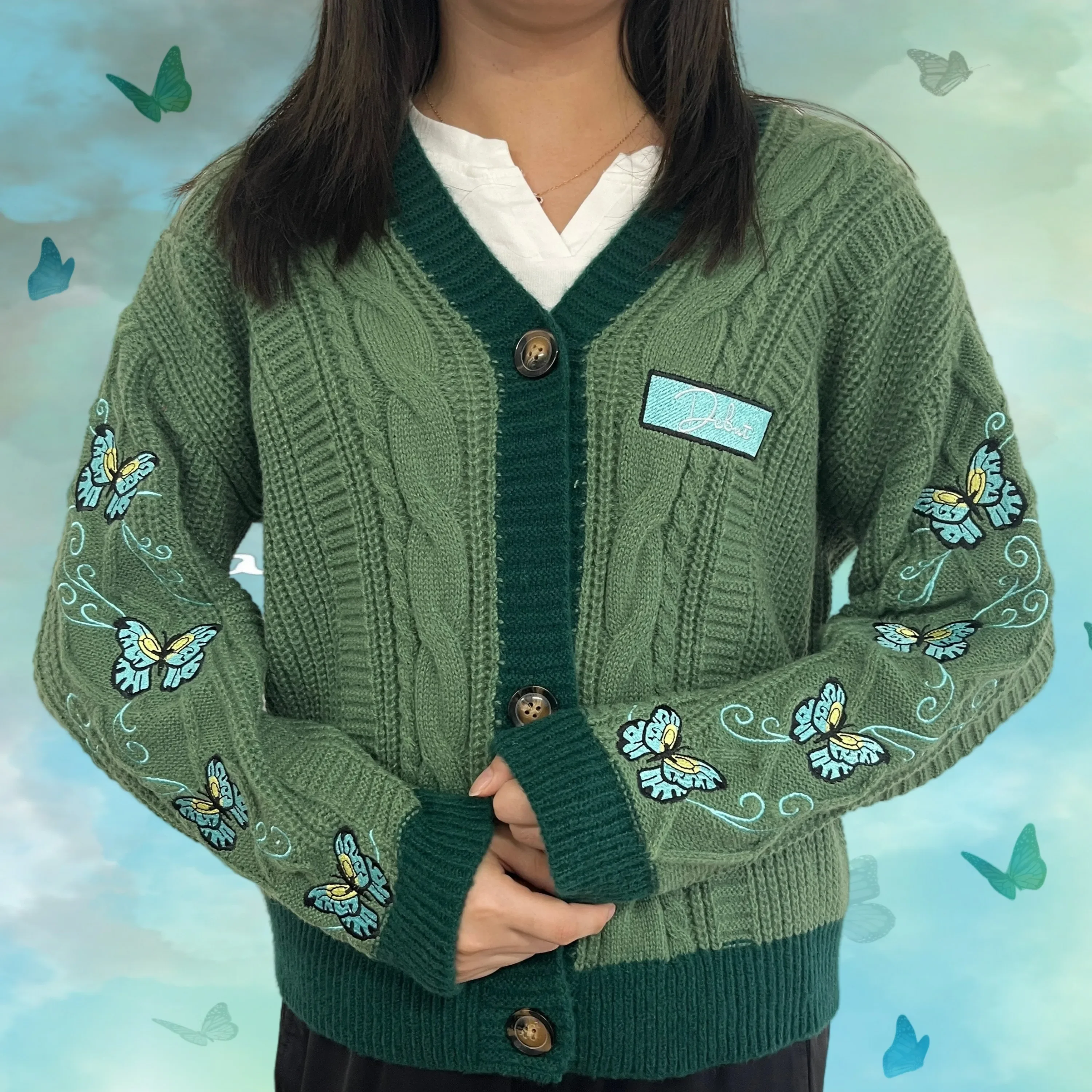 Cardigan lavorato a maglia a farfalla Cardigan verde scuro da donna con ricamo Winter Letter Patch maglioni oversize top Folklore Girl