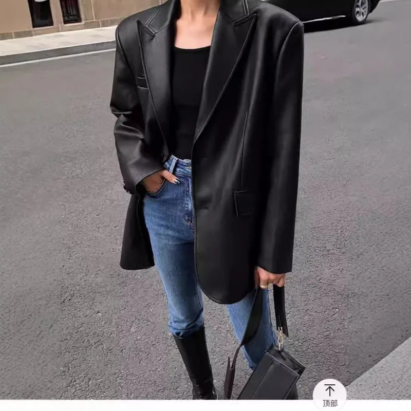 Herfst Winter PU lederen zakelijke blazerjas voor dames Vintage reversknop met lange mouwen Werkjas Losse uitloper met zak