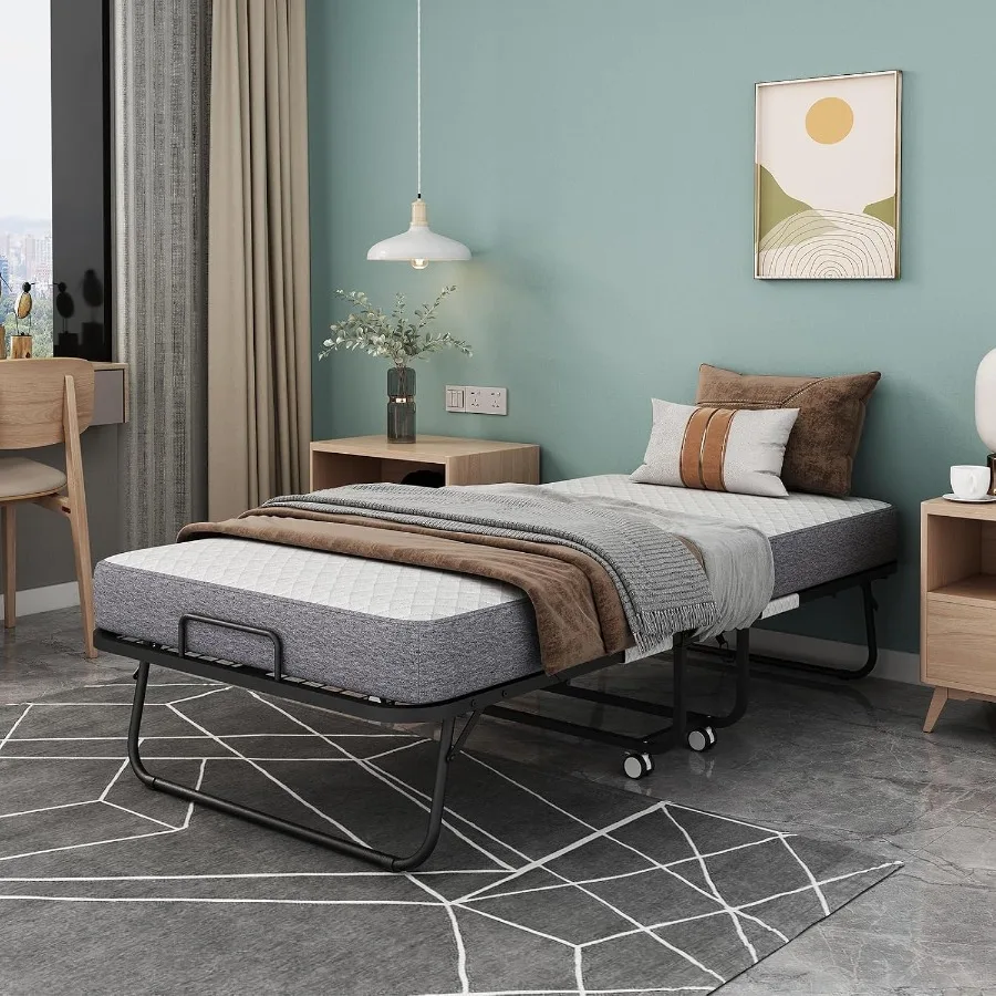 Folding Bed with Mattress for Adults, Large Size 75 x 46, Roll Away Foldable Portable Bed for Guest Use, Steel Frame No Sagging