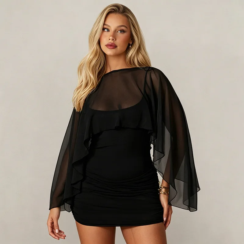 See Through Mesh Women Sexy Shawl Mini Dress Y2K Club Party Outfit Bodycon Summer Autumn Sleeveless O Neck Dresses Vacation Gift