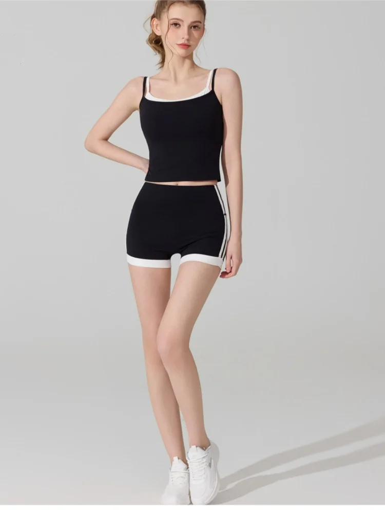 Summer Woman Yoga Fake Two Piece Contrast Color With Chest Pad Tank Tops High Waist Butt-lifting Shorts Sports Fitness Vest view 4