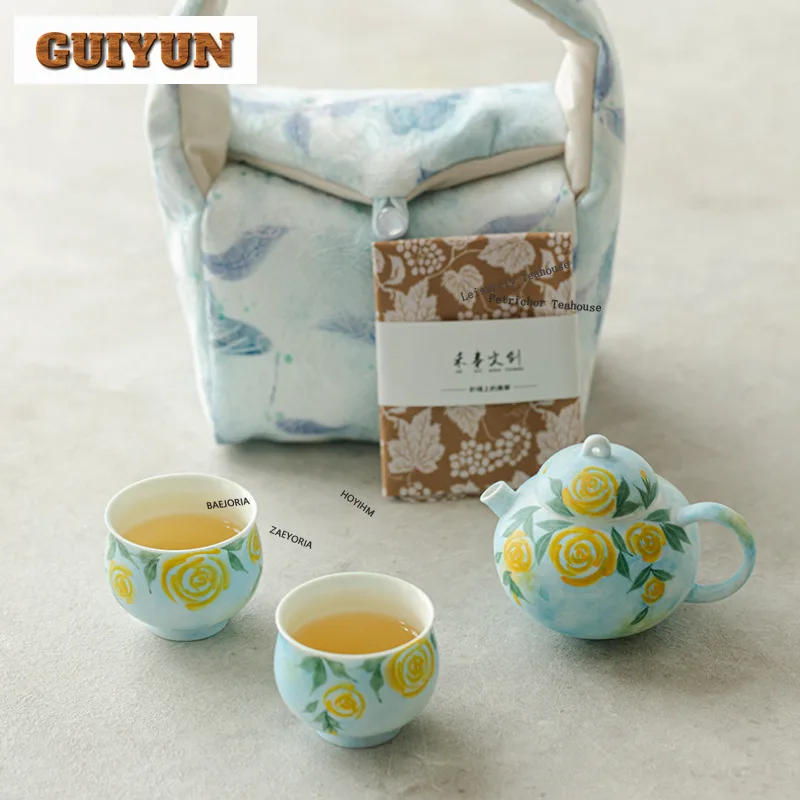 HOYIHM Hand-painted Rose Travel Tea Set Kit Luxury 1 Pot 3 Cups Tea Brewing Organizer Portable Outdoor Handbag Accessories