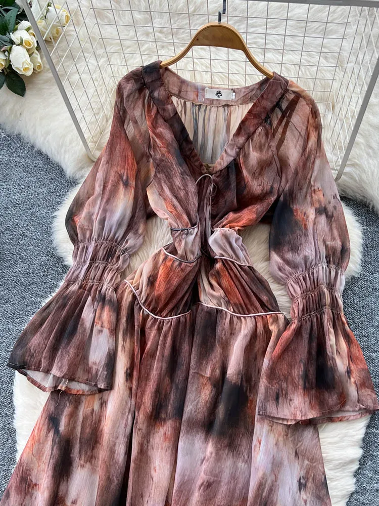 Ele V-ne Bell Sve Tie Dye Print Dr Women's High Waist A-line Skirt Summer Faion Gentle Sle Long Sve Dr