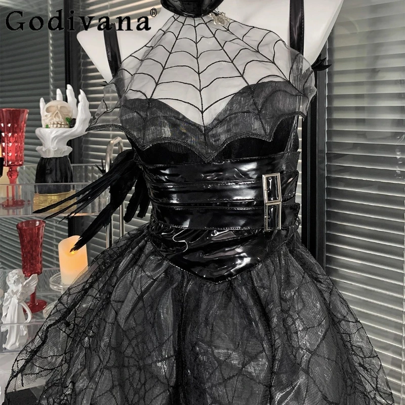 Little Devil Cosplay Sexy Backless Dress Girls Japanese Summer Dark Leather Dress Black Straps Hollow Dress for Women
