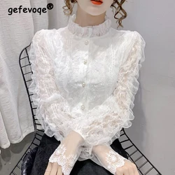 Women Mesh Lace Beaded Chic Fairy Shirts Autumn Fashion Vintage Stand Collar Elegant Blouses Black White Long Sleeve Tops Blusas