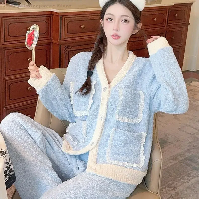 

Женская элегантная одежда для сна, одежда для дома, розовая теплая пижама из кораллового флиса Mujer, домашняя одежда, кардиган с длинными рукавами, брючный пижамный комплект