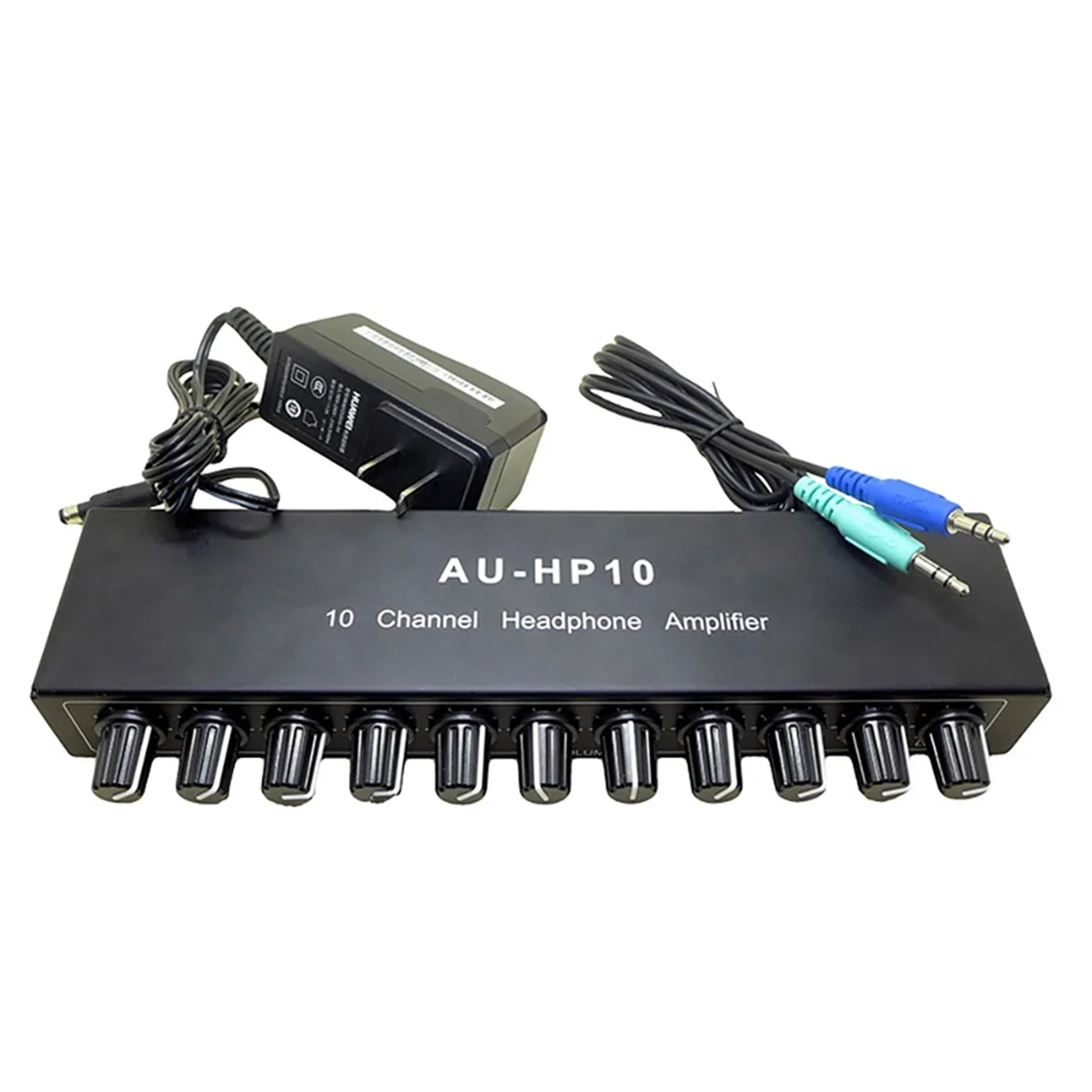 

AU-HP10 10 Channel Headphone Headset Amplifier Audio Splitter DC 12-24V 20Hz-20KHz 12DB 16-600ohm 3.5mm Jack US PLUG